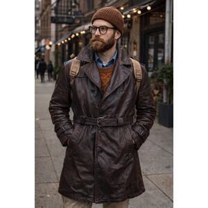 ViNTaGe Men’s Brown Leather Trench Coat Belted Hipster 44 46 XL